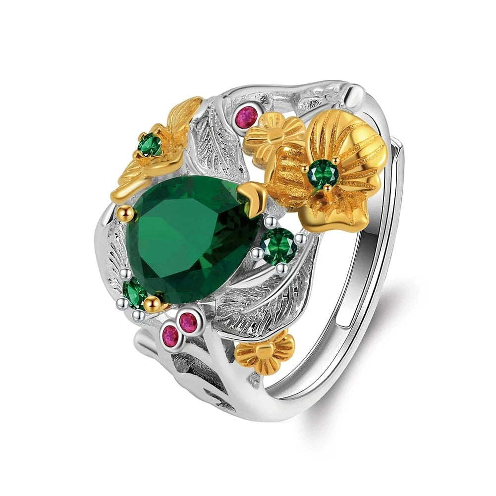 Resizable / silver LZR21 RINNTIN New Arrival 925 Sterling Silver Created Emerald Flower Rings Jewelry Women