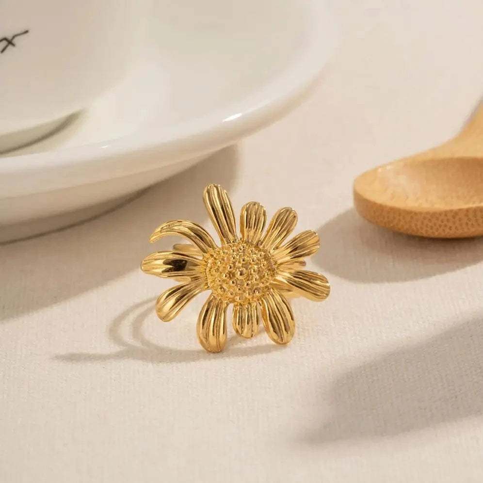 Resizable / Trendy / R1900 R1900 French Minimalist Chic Jewelry Waterproof 18K Gold Plated Sunflower Opening Ring Stainless Steel Finger Ring