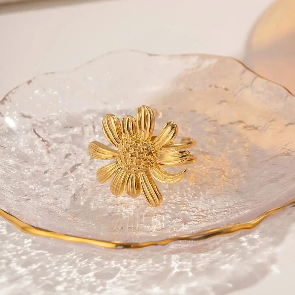 Resizable / Trendy / R1900 R1900 French Minimalist Chic Jewelry Waterproof 18K Gold Plated Sunflower Opening Ring Stainless Steel Finger Ring
