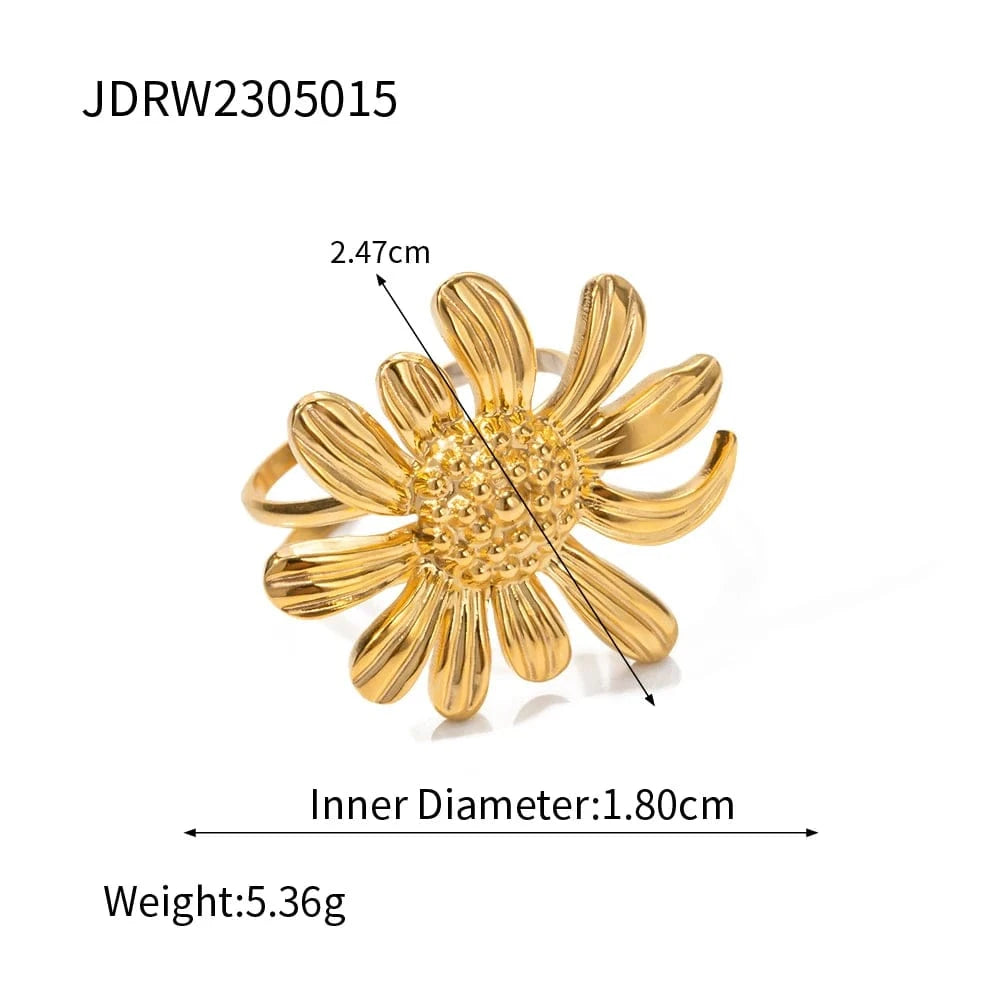 Resizable / Trendy / R1900 R1900 French Minimalist Chic Jewelry Waterproof 18K Gold Plated Sunflower Opening Ring Stainless Steel Finger Ring