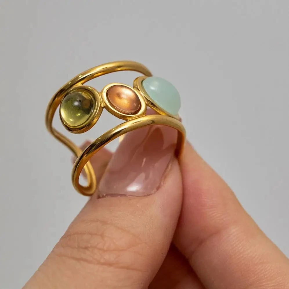 Resizable / Trendy / R1914 R1914 Spanish Style Colorful Coloured Glaze Wide 3 Layer Stainless Steel Morandi Color Stone Opening Ring
