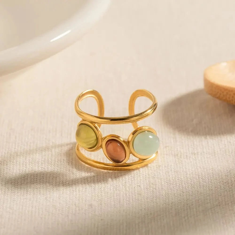 Resizable / Trendy / R1914 R1914 Spanish Style Colorful Coloured Glaze Wide 3 Layer Stainless Steel Morandi Color Stone Opening Ring
