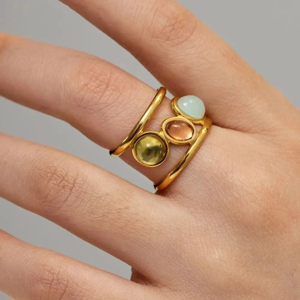 Resizable / Trendy / R1914 R1914 Spanish Style Colorful Coloured Glaze Wide 3 Layer Stainless Steel Morandi Color Stone Opening Ring
