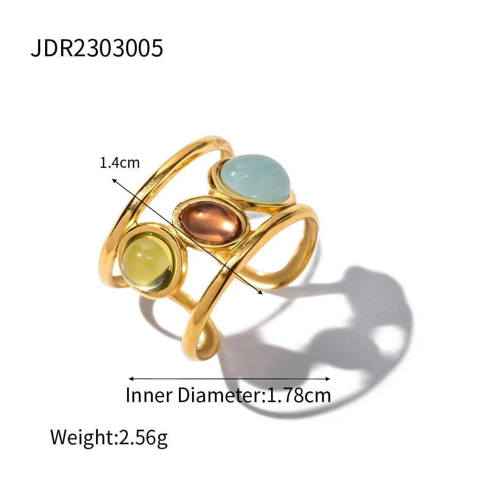 Resizable / Trendy / R1914 R1914 Spanish Style Colorful Coloured Glaze Wide 3 Layer Stainless Steel Morandi Color Stone Opening Ring