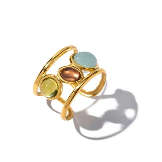 Resizable / Trendy / R1914 R1914 Spanish Style Colorful Coloured Glaze Wide 3 Layer Stainless Steel Morandi Color Stone Opening Ring