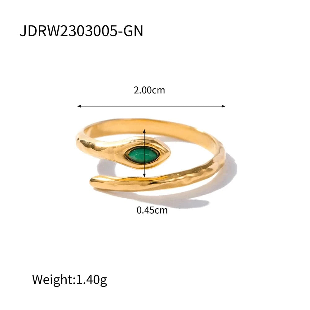Resizable / Trendy / R1938-1 18K Gold Plated Stainless Steel  Jewelry Charm Green  Natrual Stone Snake Shaped Opening Rings