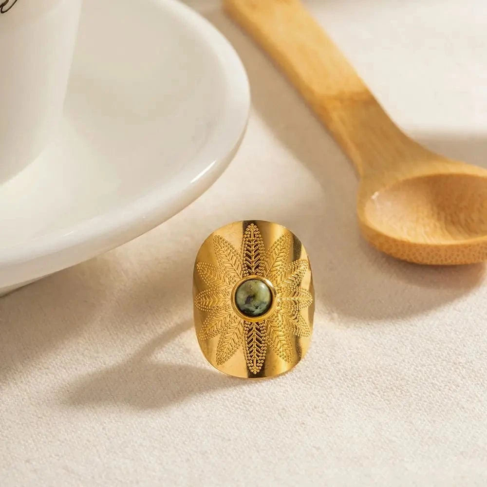 Resizable / TRENDY / R1981 R1981 18K Gold Plated stainless steel Vintage open Africa Turquoise stone Ring width Rings High-quality  for girls women