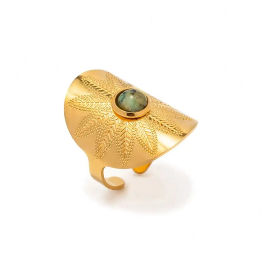 Resizable / TRENDY / R1981 R1981 18K Gold Plated stainless steel Vintage open Africa Turquoise stone Ring width Rings High-quality  for girls women