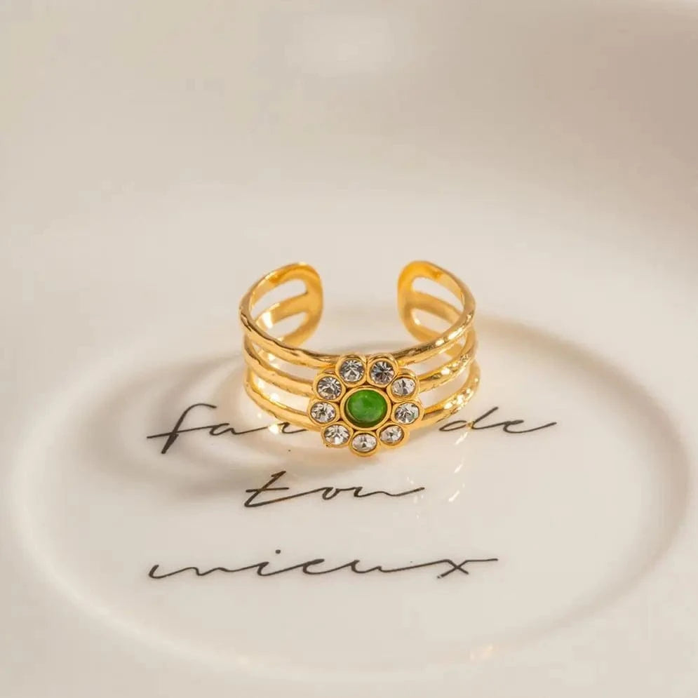 Resizable / Trendy / R1996 R1996 18K  Gold Stainless Steel Rings Fashion Jewelry Flower  Cubic Zircon Stone Open  Ring for Women Girls
