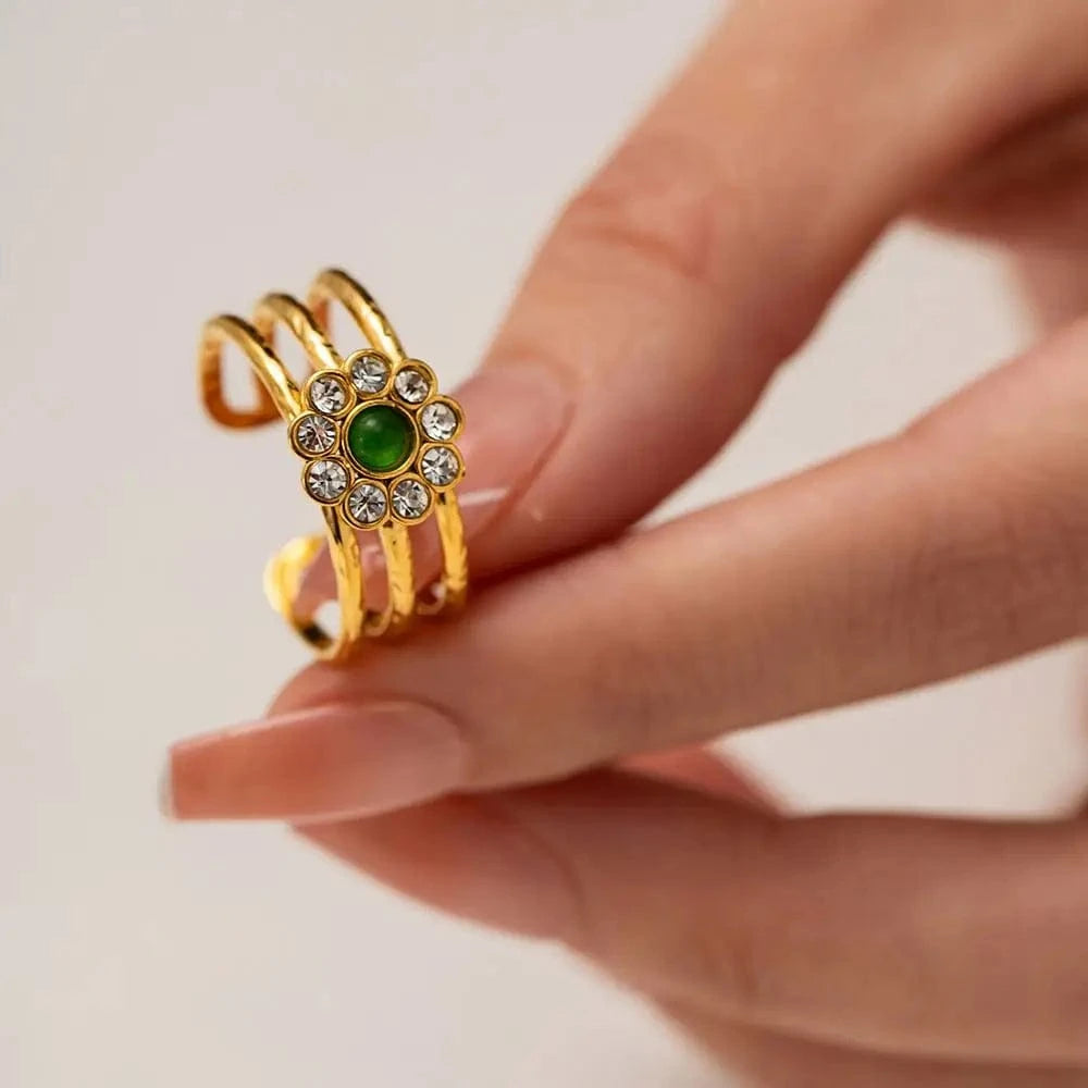 Resizable / Trendy / R1996 R1996 18K  Gold Stainless Steel Rings Fashion Jewelry Flower  Cubic Zircon Stone Open  Ring for Women Girls