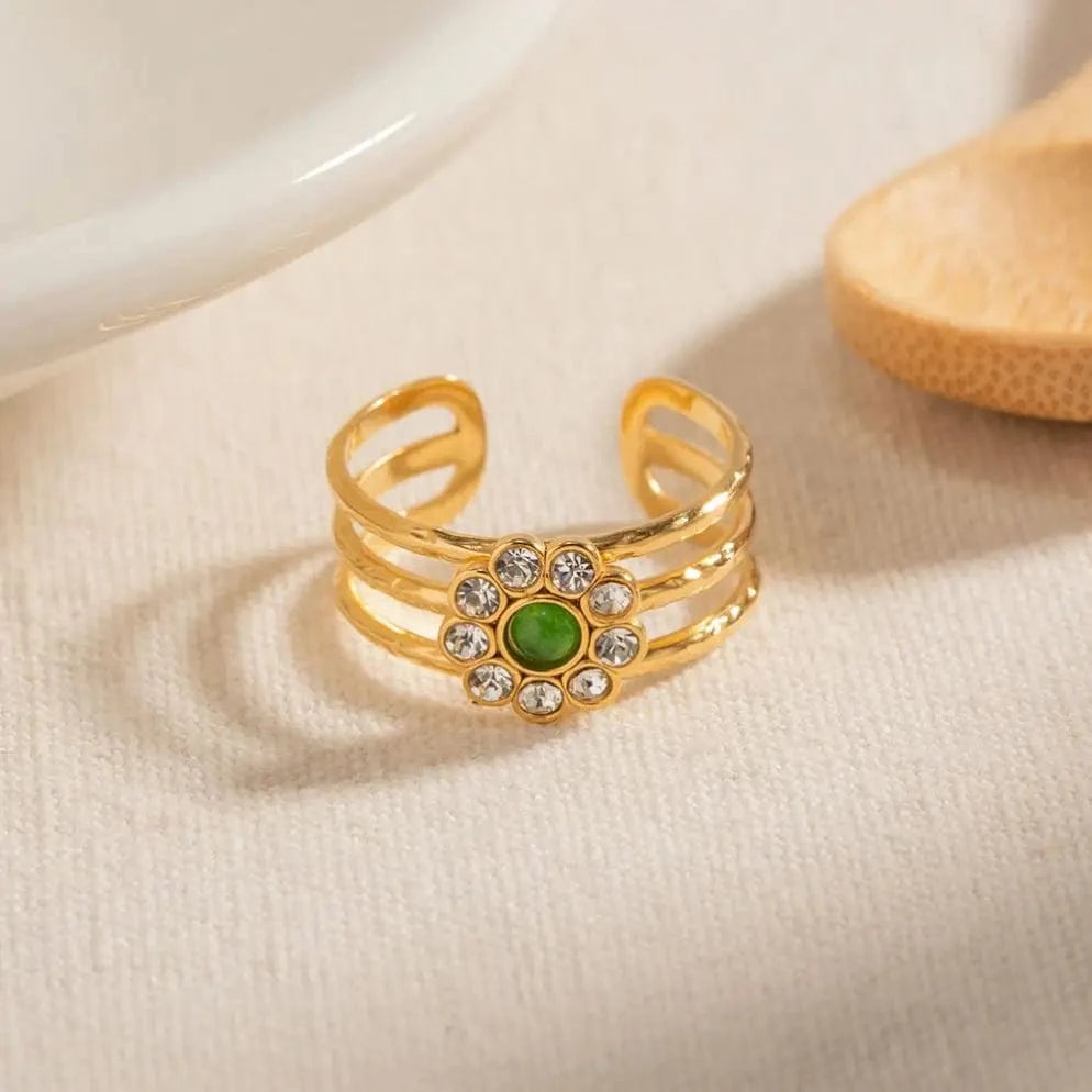 Resizable / Trendy / R1996 R1996 18K  Gold Stainless Steel Rings Fashion Jewelry Flower  Cubic Zircon Stone Open  Ring for Women Girls