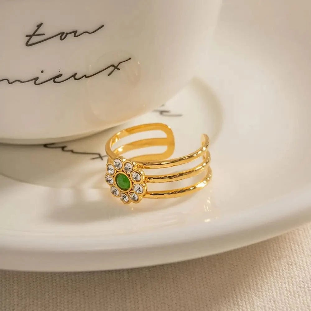 Resizable / Trendy / R1996 R1996 18K  Gold Stainless Steel Rings Fashion Jewelry Flower  Cubic Zircon Stone Open  Ring for Women Girls
