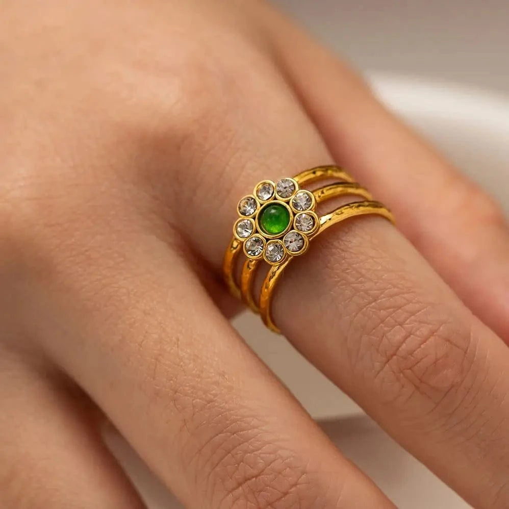 Resizable / Trendy / R1996 R1996 18K  Gold Stainless Steel Rings Fashion Jewelry Flower  Cubic Zircon Stone Open  Ring for Women Girls