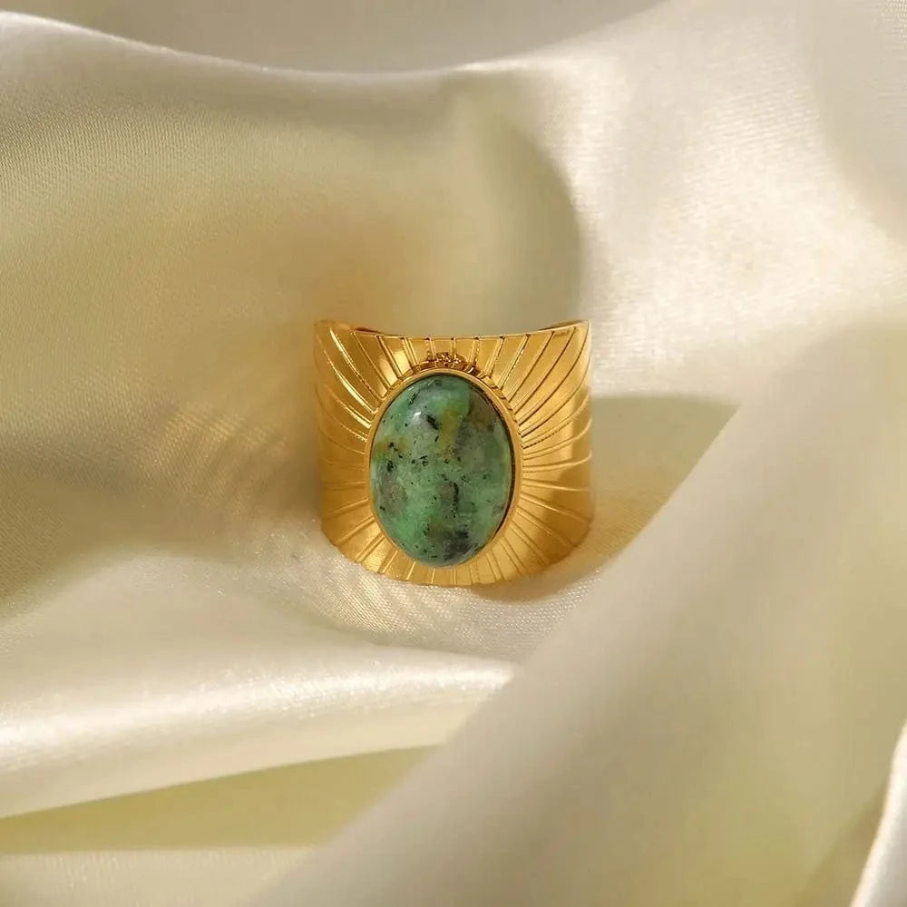 Resizable / TRENDY / R2082 R2082 Wide Style Natural African Turquoise Sun 18K Gold Plated Stainless Steel Opening Rings Women
