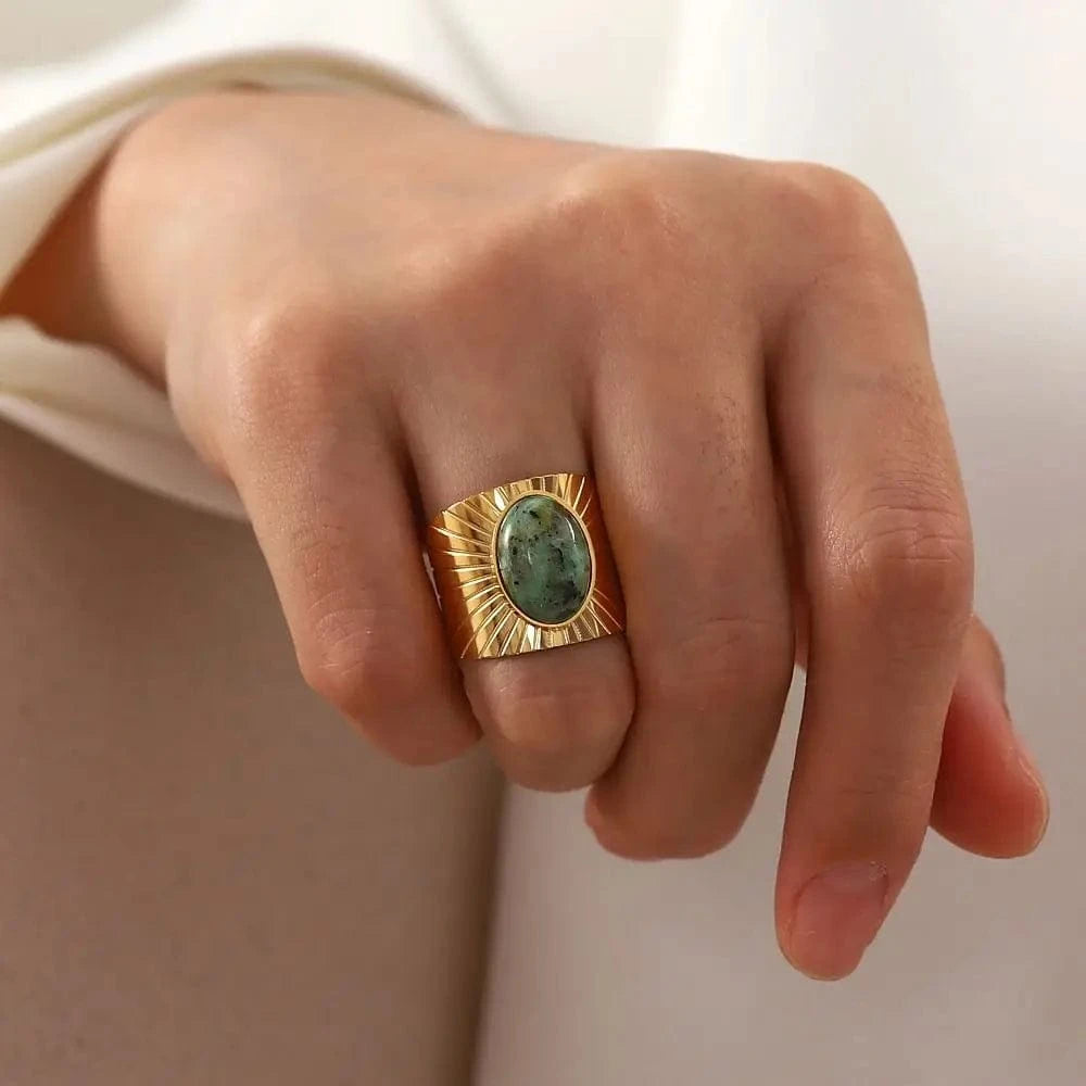 Resizable / TRENDY / R2082 R2082 Wide Style Natural African Turquoise Sun 18K Gold Plated Stainless Steel Opening Rings Women