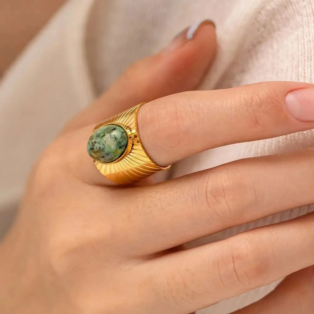 Resizable / TRENDY / R2082 R2082 Wide Style Natural African Turquoise Sun 18K Gold Plated Stainless Steel Opening Rings Women