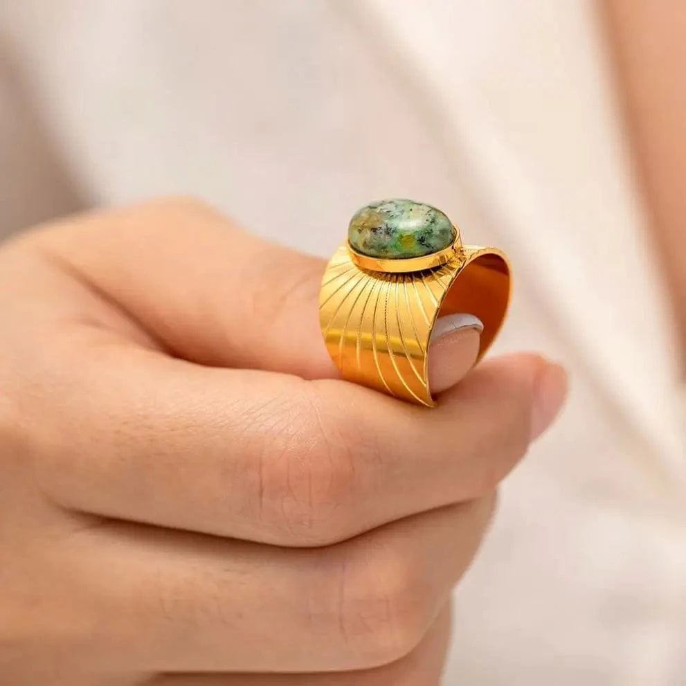 Resizable / TRENDY / R2082 R2082 Wide Style Natural African Turquoise Sun 18K Gold Plated Stainless Steel Opening Rings Women