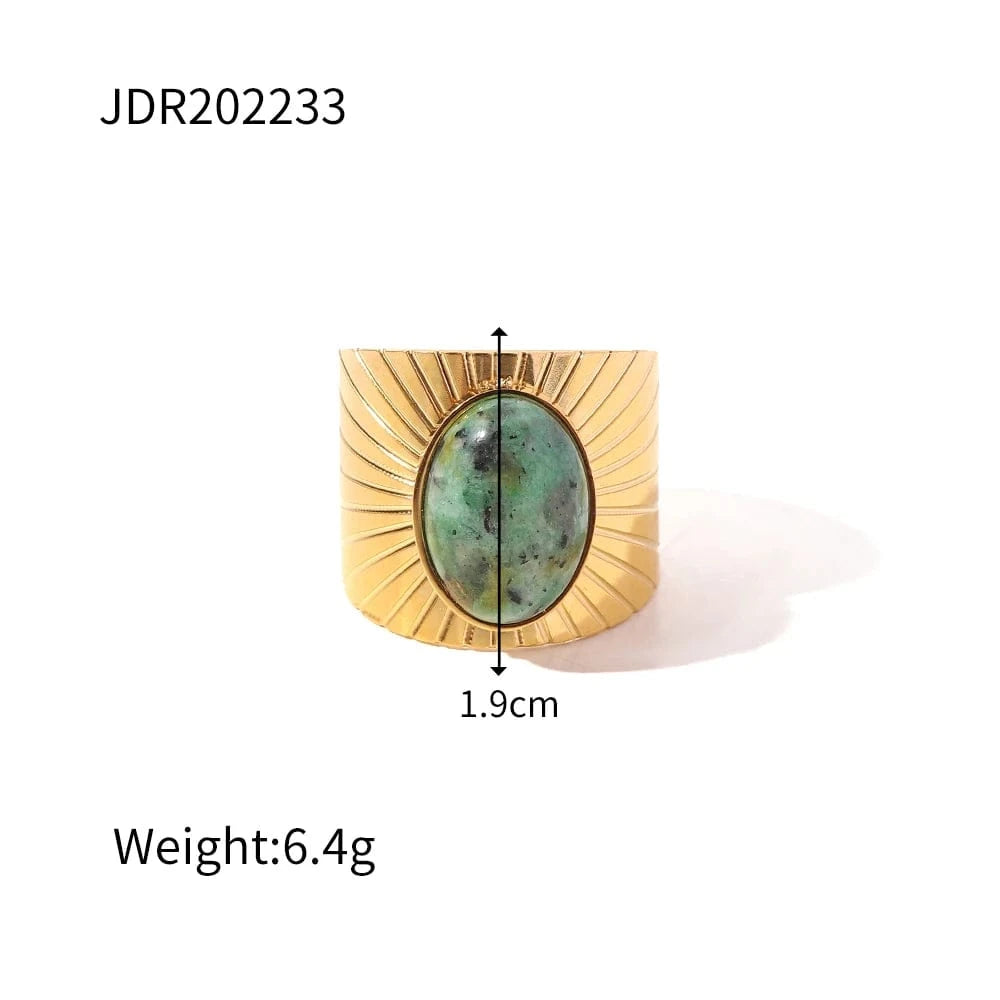 Resizable / TRENDY / R2082 R2082 Wide Style Natural African Turquoise Sun 18K Gold Plated Stainless Steel Opening Rings Women