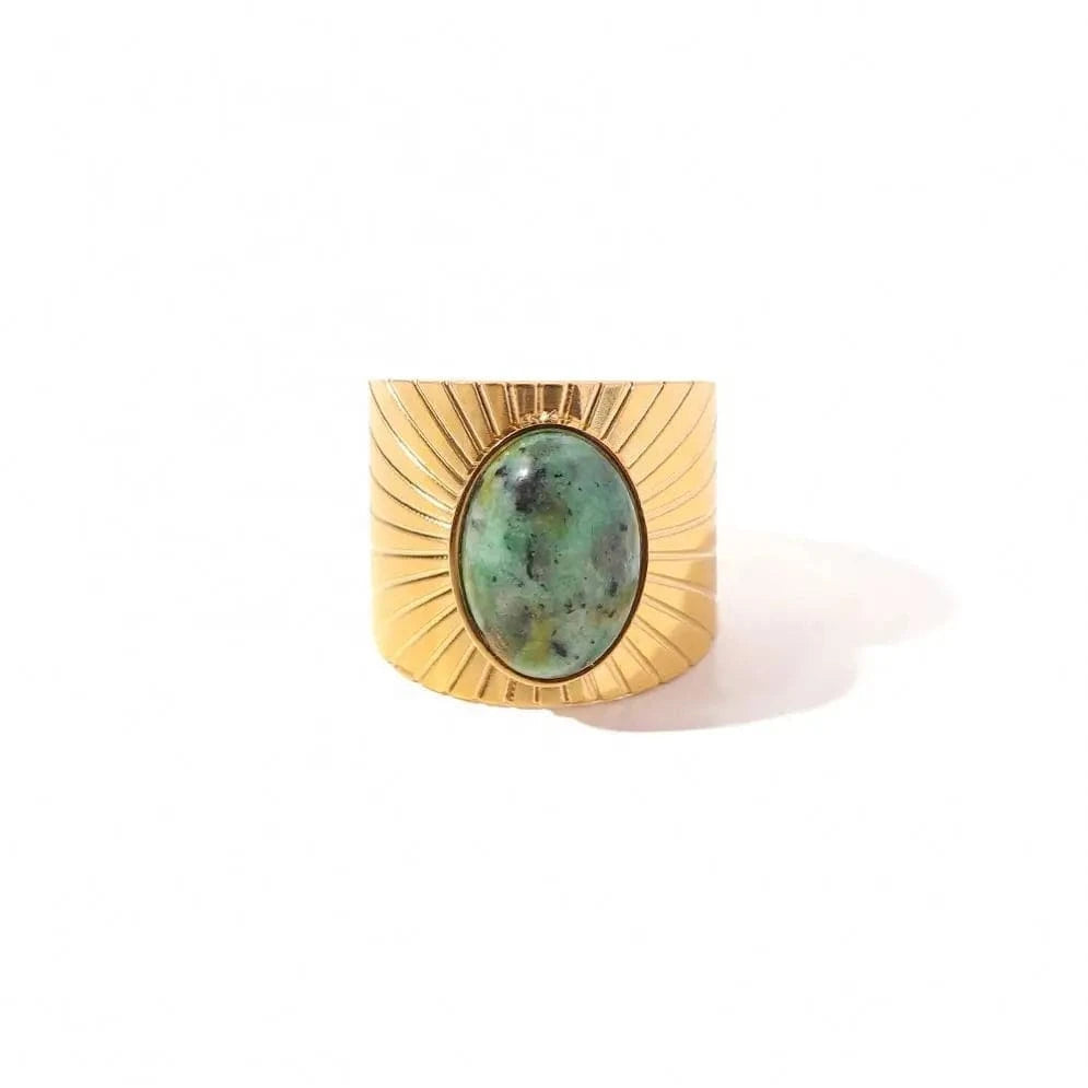 Resizable / TRENDY / R2082 R2082 Wide Style Natural African Turquoise Sun 18K Gold Plated Stainless Steel Opening Rings Women