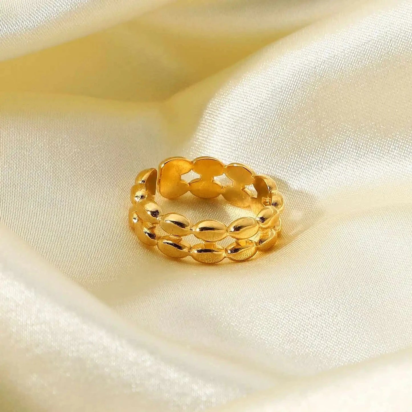 Resizable / TRENDY / R2120 R2120 18k Gold Plated Double Layer Geometric Oval Bean Beads Open Stainless Steel Finger Rings For Woman