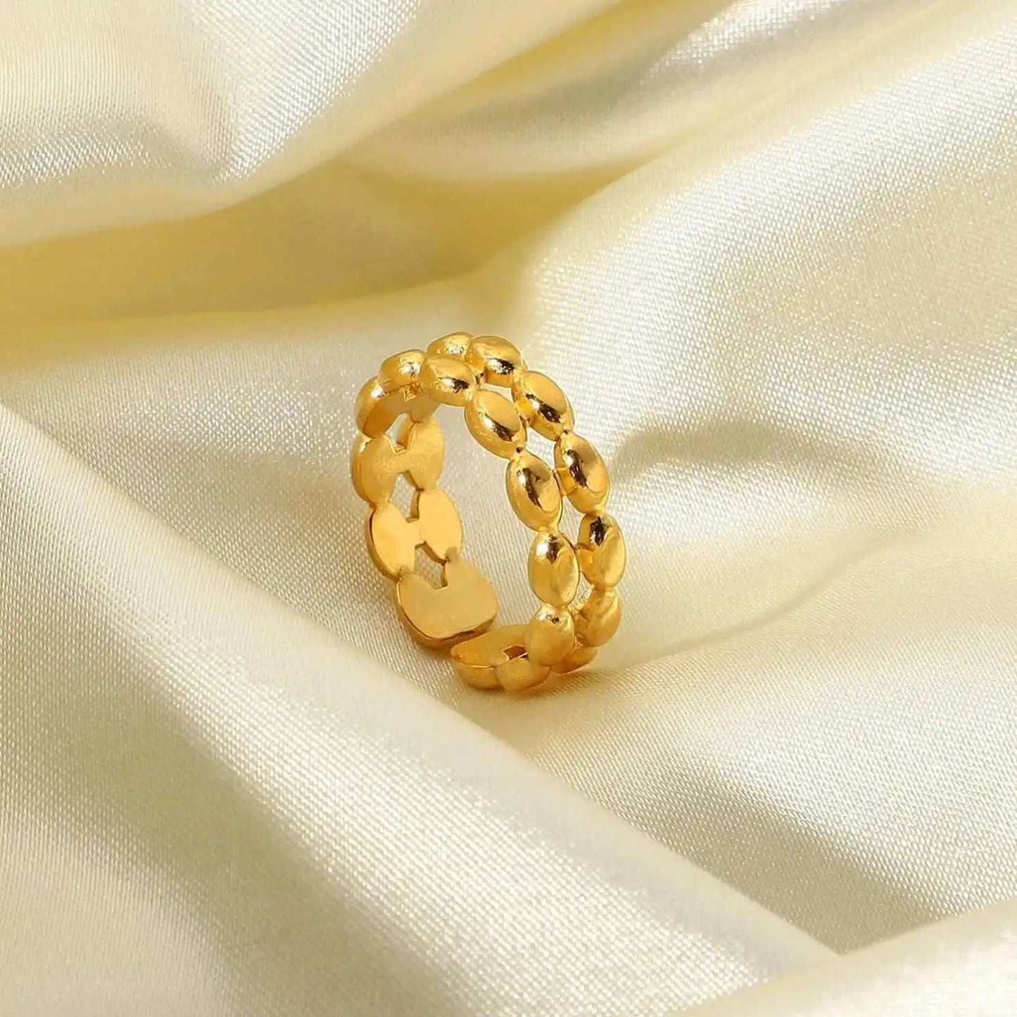 Resizable / TRENDY / R2120 R2120 18k Gold Plated Double Layer Geometric Oval Bean Beads Open Stainless Steel Finger Rings For Woman
