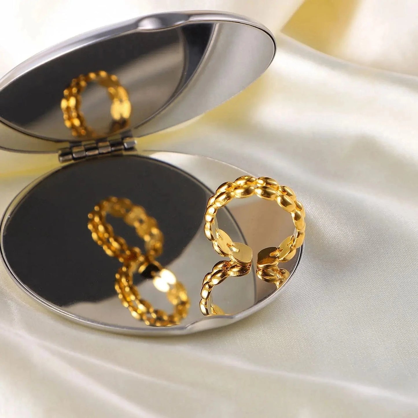 Resizable / TRENDY / R2120 R2120 18k Gold Plated Double Layer Geometric Oval Bean Beads Open Stainless Steel Finger Rings For Woman