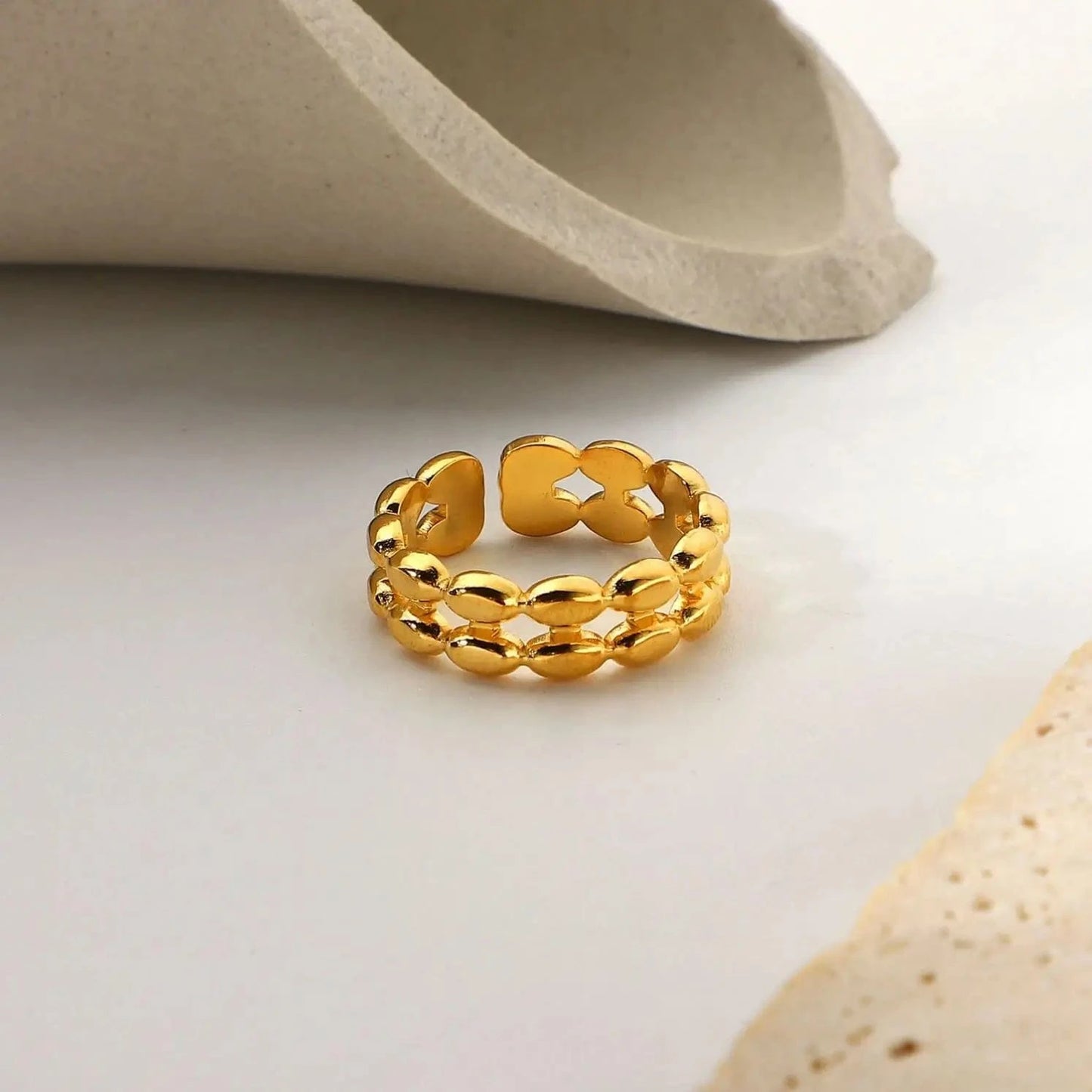 Resizable / TRENDY / R2120 R2120 18k Gold Plated Double Layer Geometric Oval Bean Beads Open Stainless Steel Finger Rings For Woman