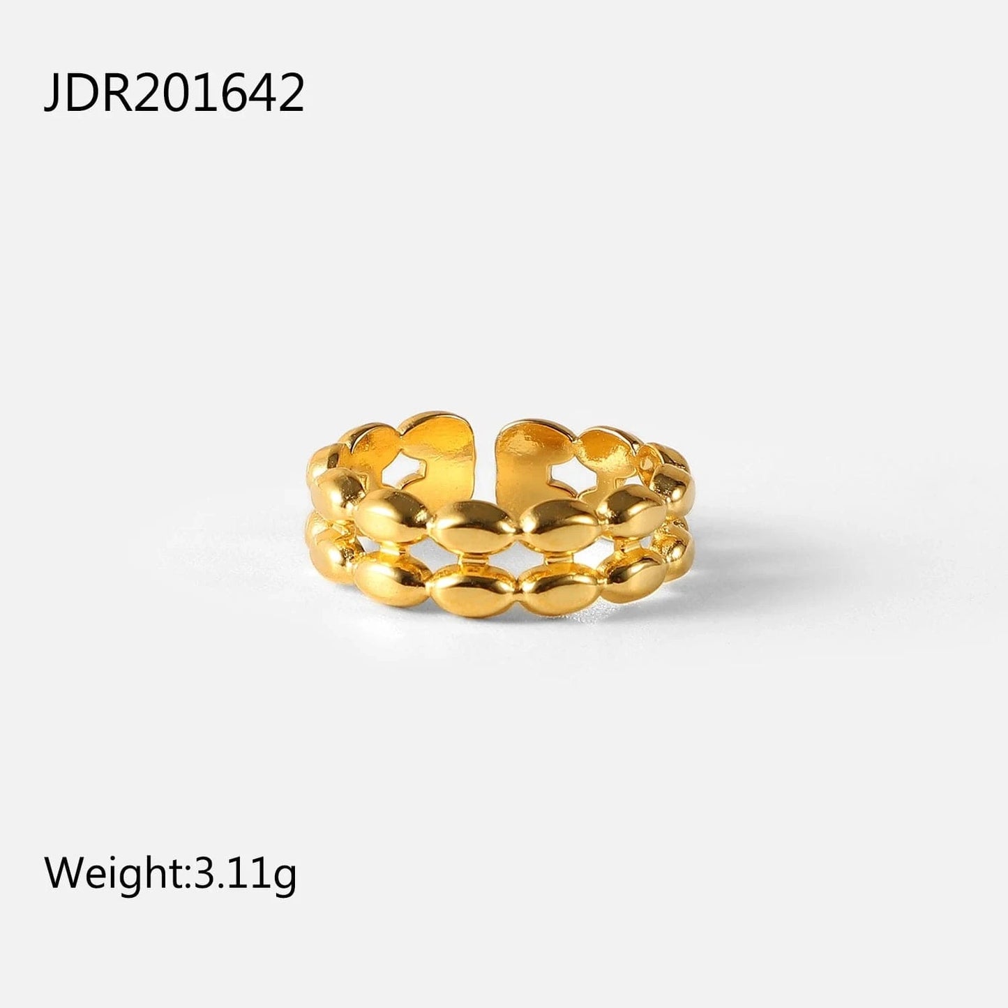 Resizable / TRENDY / R2120 R2120 18k Gold Plated Double Layer Geometric Oval Bean Beads Open Stainless Steel Finger Rings For Woman