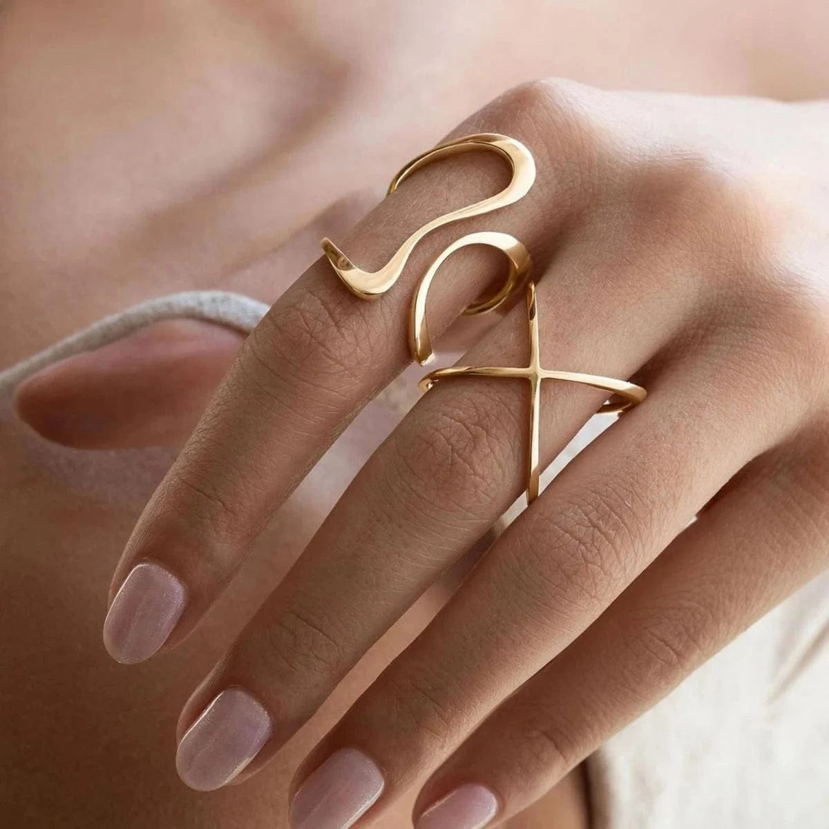 Resizable / Trendy / R2519 R2519 18k Gold Stainless Steel Polished Line Abstract Open Ring Modern Jewelry