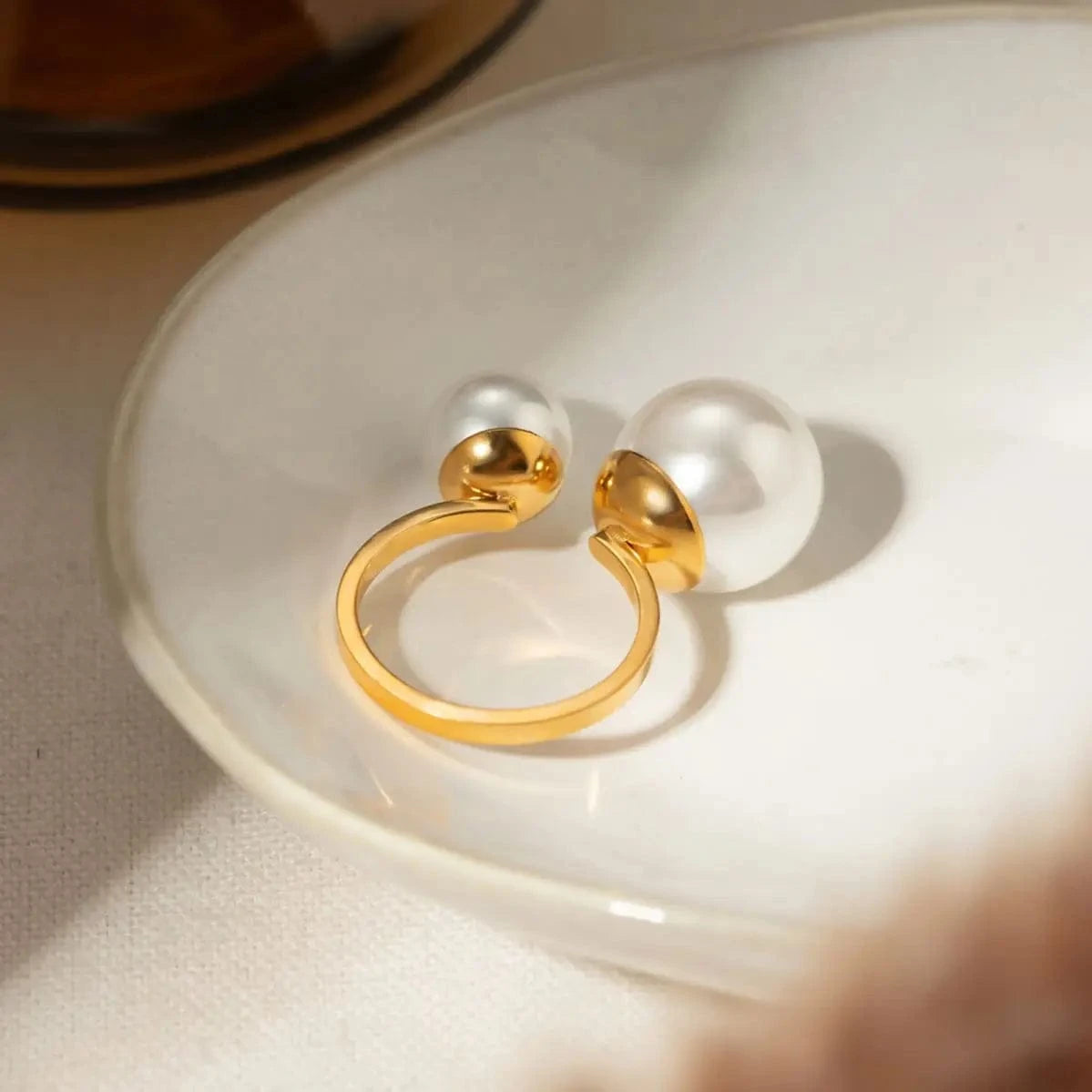 Resizable / Trendy / R2682 R2682 Dainty Stainless Steel Jewelry 18K Gold Plated Rings For Women Custom Asymmetric Pearl Open Rings