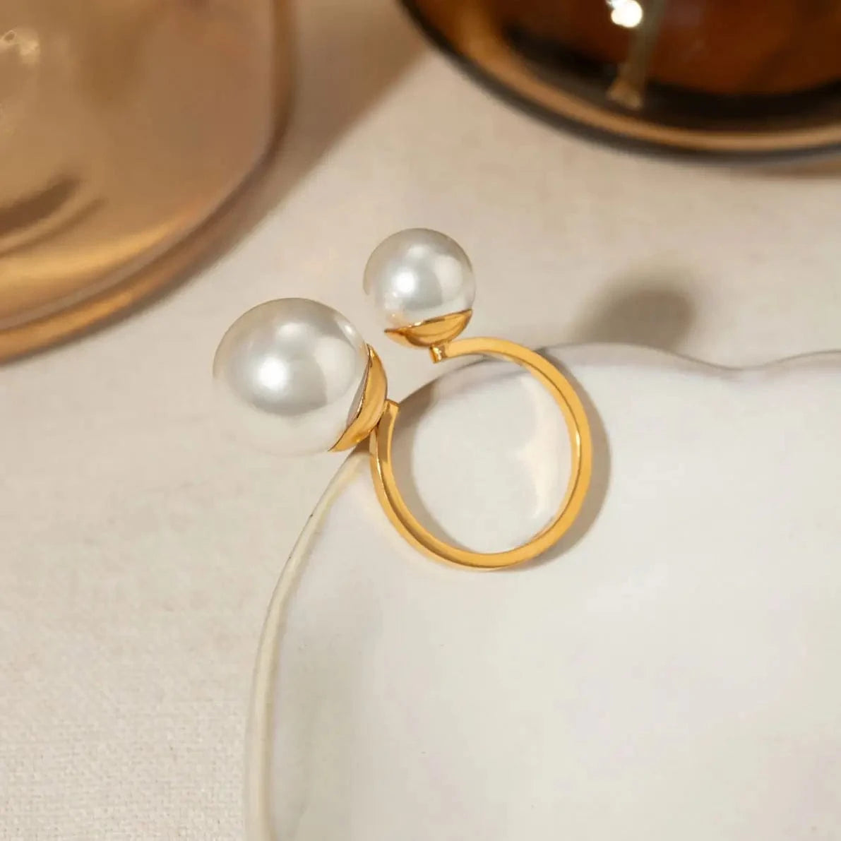 Resizable / Trendy / R2682 R2682 Dainty Stainless Steel Jewelry 18K Gold Plated Rings For Women Custom Asymmetric Pearl Open Rings