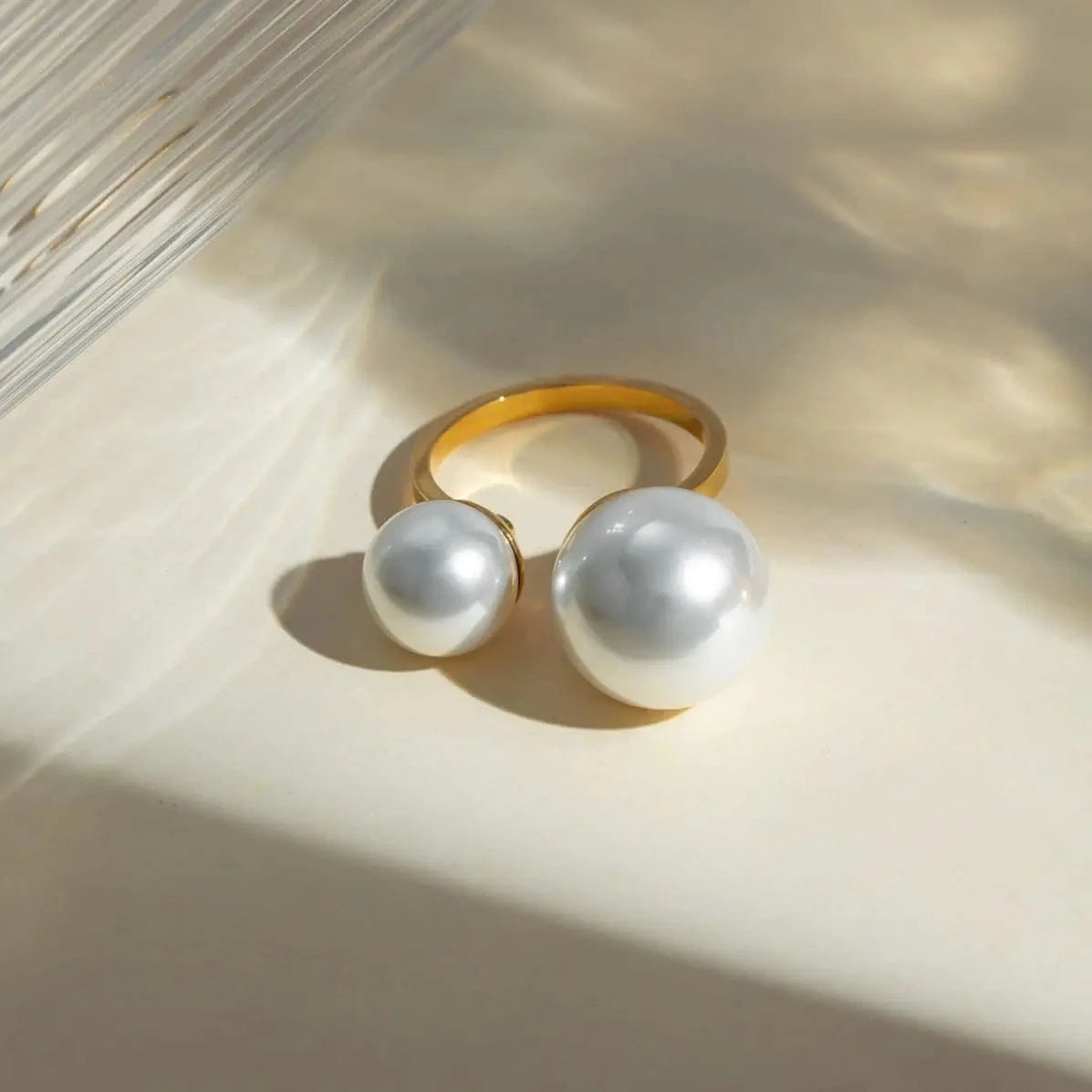 Resizable / Trendy / R2682 R2682 Dainty Stainless Steel Jewelry 18K Gold Plated Rings For Women Custom Asymmetric Pearl Open Rings