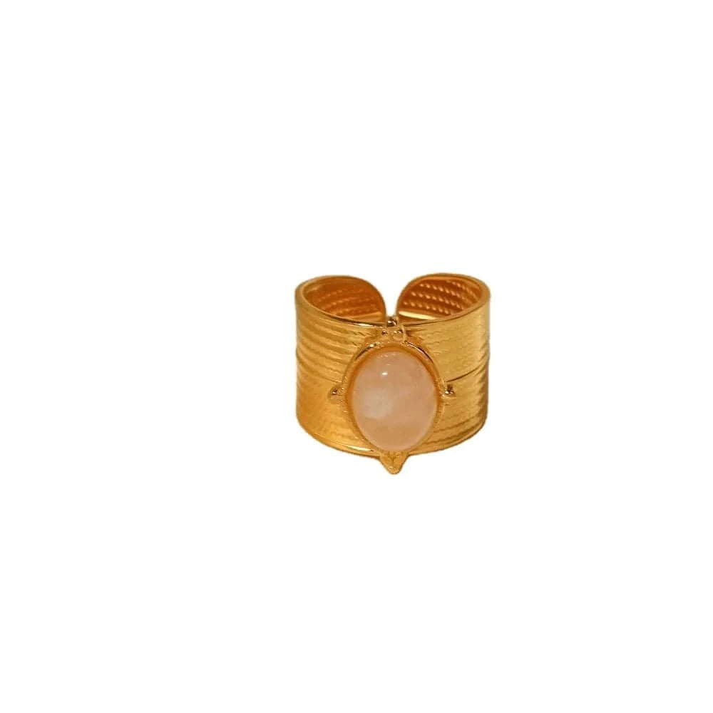 Resizable / Vintage / R2059 R2059 PVD 18k Gold Plated Stainless Steel Natural Rose Quartz Wide Opening Adjustable Rings Vintage Style
