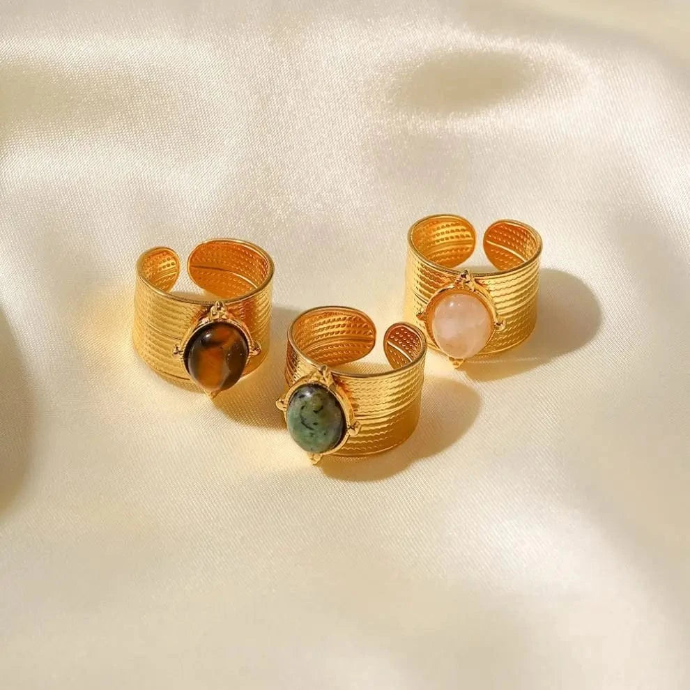 Resizable / Vintage / R2059 R2059 PVD 18k Gold Plated Stainless Steel Natural Rose Quartz Wide Opening Adjustable Rings Vintage Style
