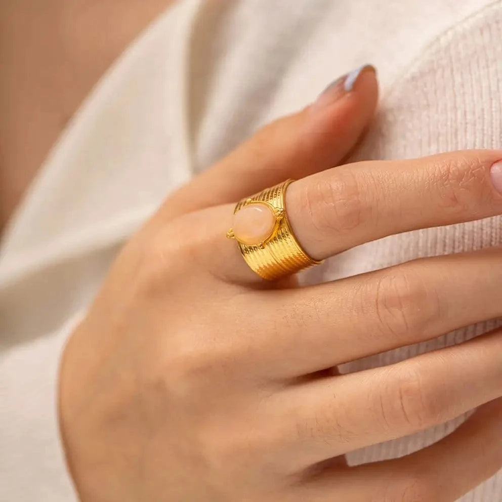 Resizable / Vintage / R2059 R2059 PVD 18k Gold Plated Stainless Steel Natural Rose Quartz Wide Opening Adjustable Rings Vintage Style
