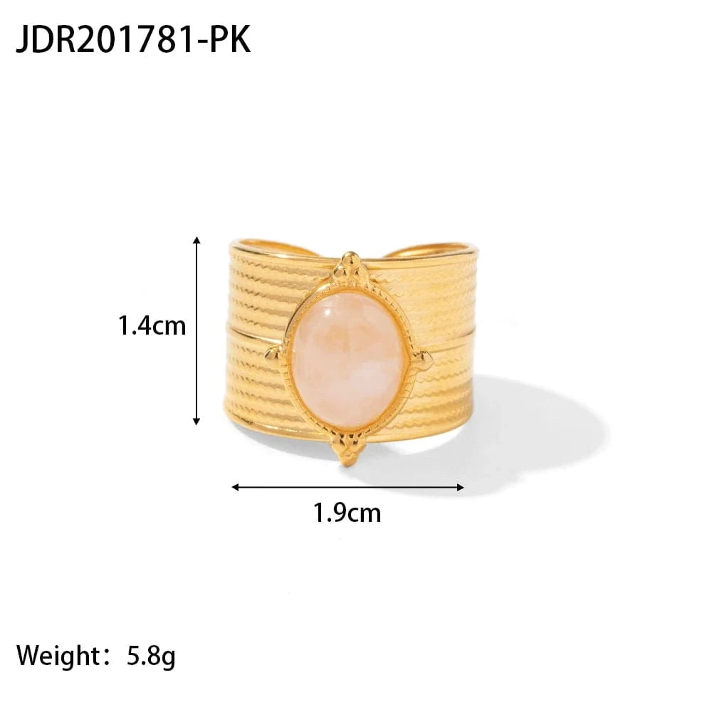 Resizable / Vintage / R2059 R2059 PVD 18k Gold Plated Stainless Steel Natural Rose Quartz Wide Opening Adjustable Rings Vintage Style