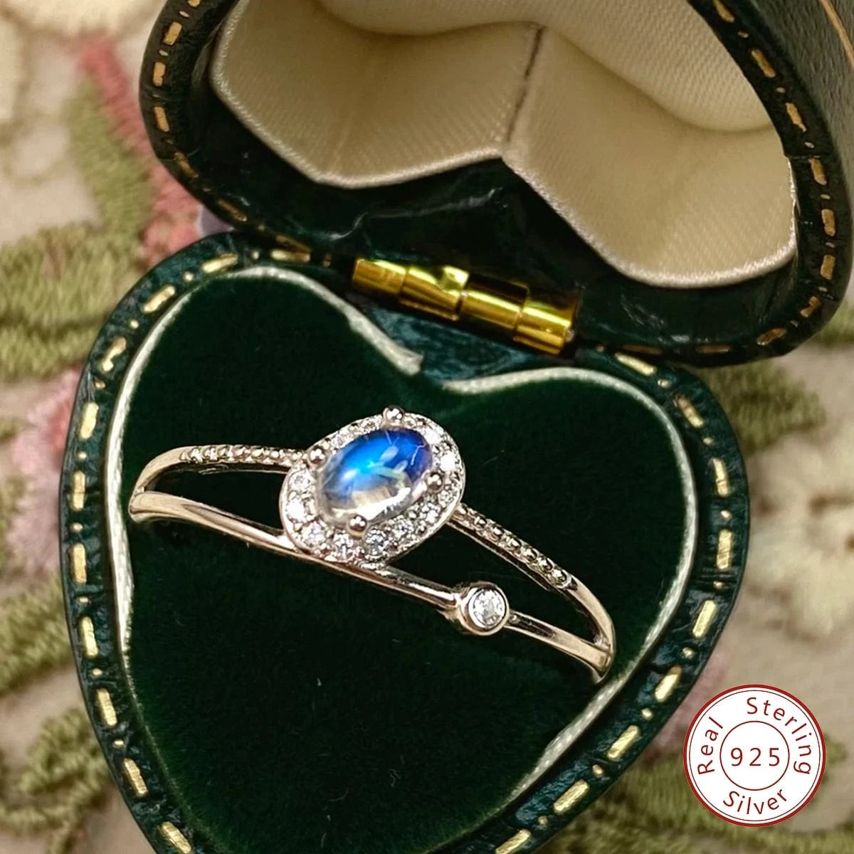 Resizable / XD0148B1-7 lotus fun Zirconia Natural flat oval 2 row Blue Moonstone halo ring 925 sterling silver Platinum Plated dating jewelry for lady