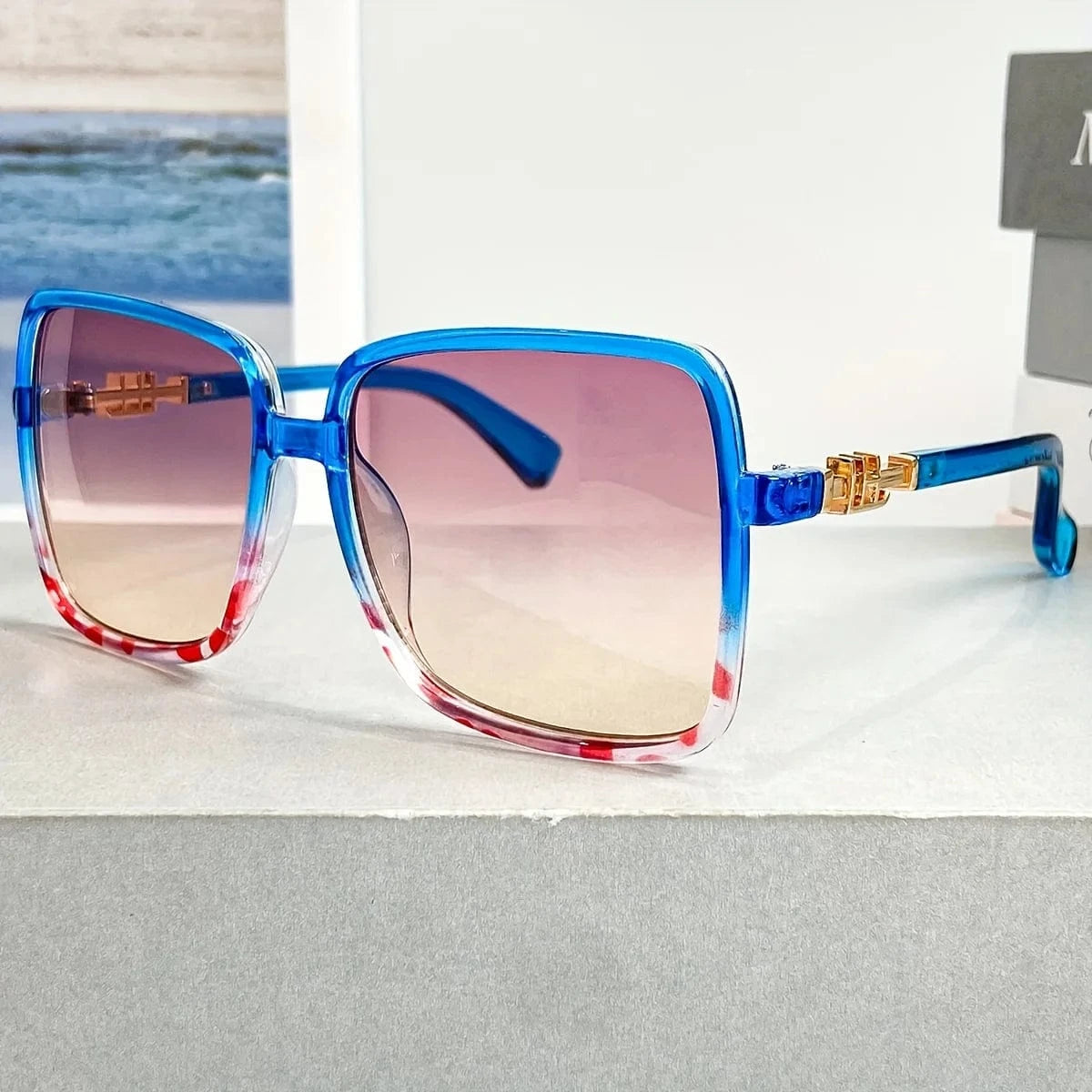 Retro 1970s Oversized Square Fashion Glasses - Blue & Pink Gradient Lenses, Metal Frame Unisex Fashion Glasses for Women