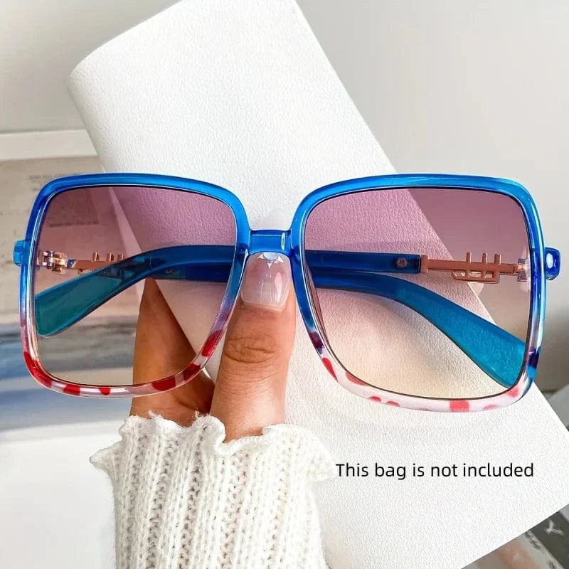 Retro 1970s Oversized Square Fashion Glasses - Blue & Pink Gradient Lenses, Metal Frame Unisex Fashion Glasses for Women