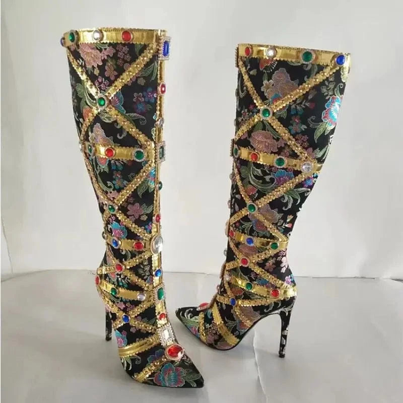 Retro Fashion Botas De Cano Alto Pencil Heel Shoes Knee High Diamond Luxury Boots for Women