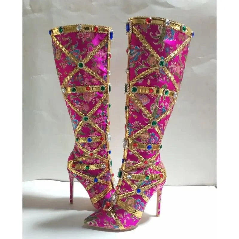 Retro Fashion Botas De Cano Alto Pencil Heel Shoes Knee High Diamond Luxury Boots for Women