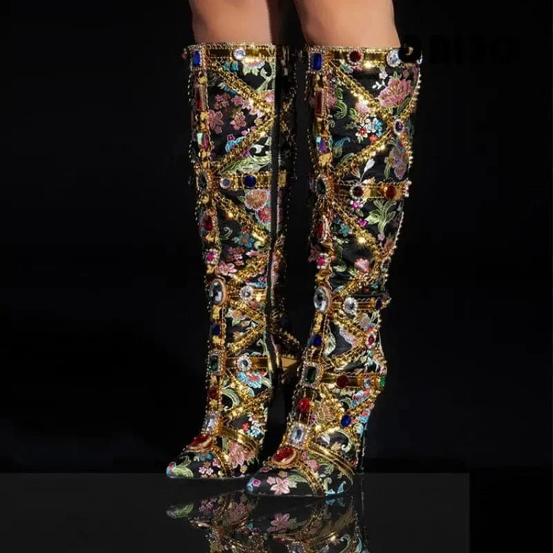 Retro Fashion Botas De Cano Alto Pencil Heel Shoes Knee High Diamond Luxury Boots for Women