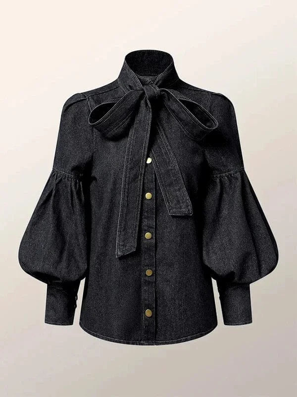 Retro Gray / S Beautyblue Elegant Women's Imitation Denim Blouse Tops Spring 2025 New Fashion Puff Sleeves Bow-Embellished Female Shirts S-3XL