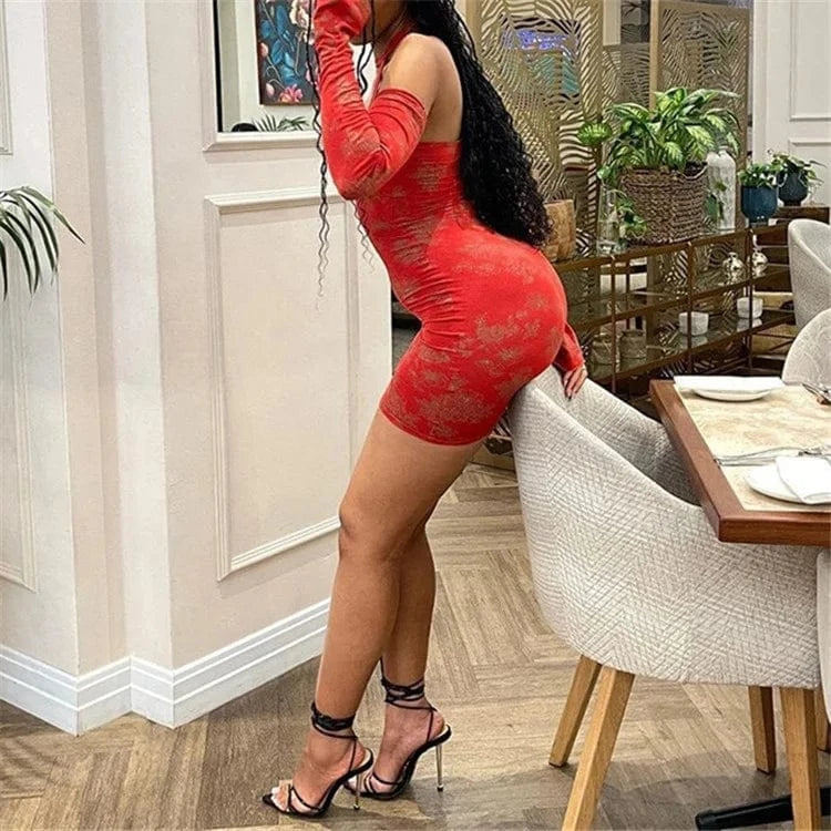 Retro Red Floral Print Dresses for Women Spring 2024 Off Shoulder Long Sleeve Mini Dress Sexy Club Outfits