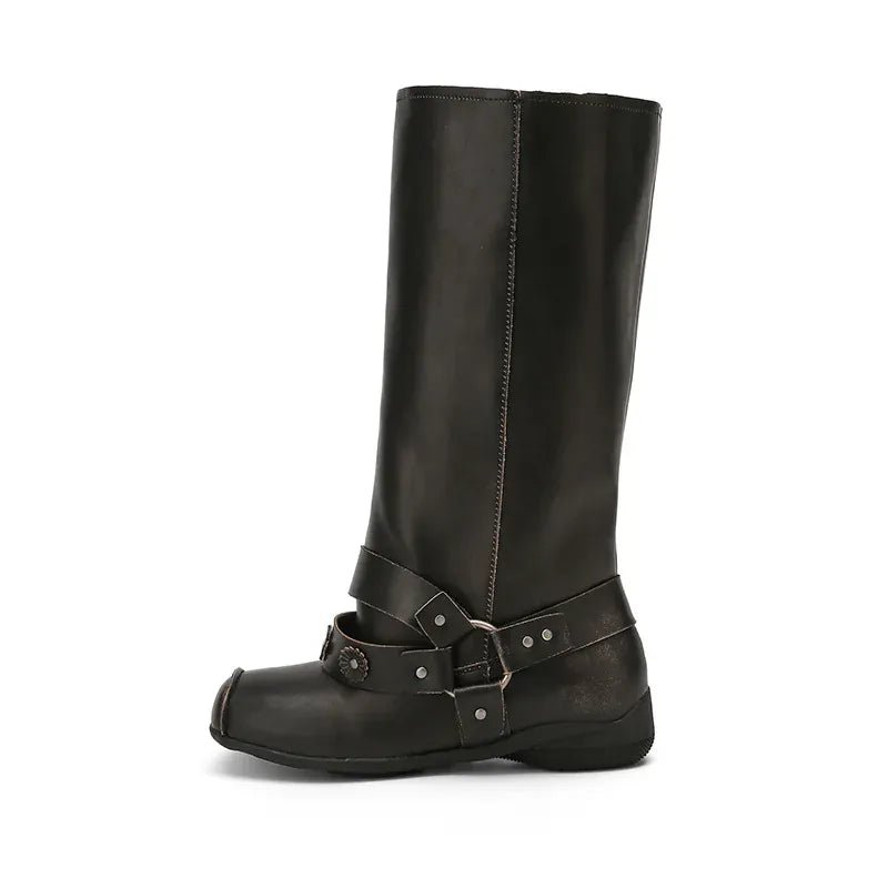 Retro Rivet Square Toe Women Boot Brand Design Korean Belt Buckle Mid - calf Boot Design Flower Decoration Wide - tube Knight Boot - SN Wigs & More