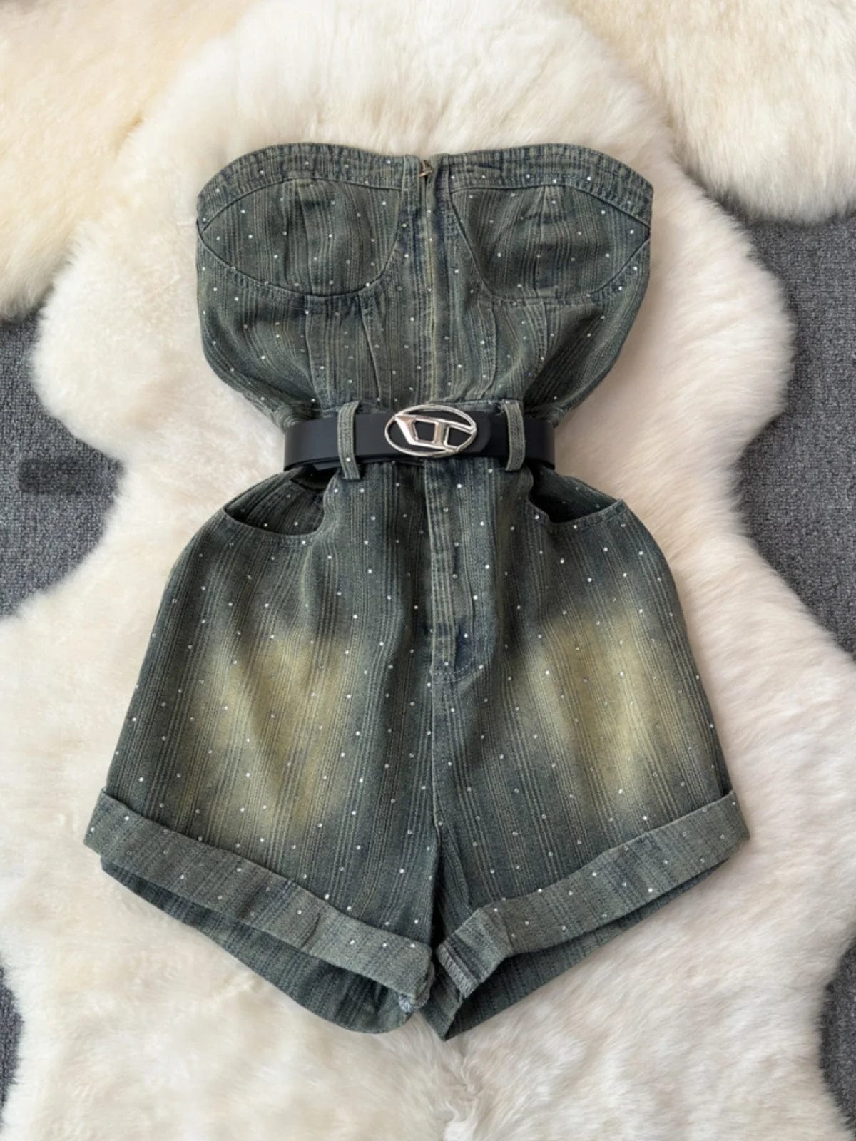 Retro Spicy Girl Fashion Versatile Zipper Top High Waist Slim denim jumpsuit Wide Leg Shorts with Belt for Women Bodysuit