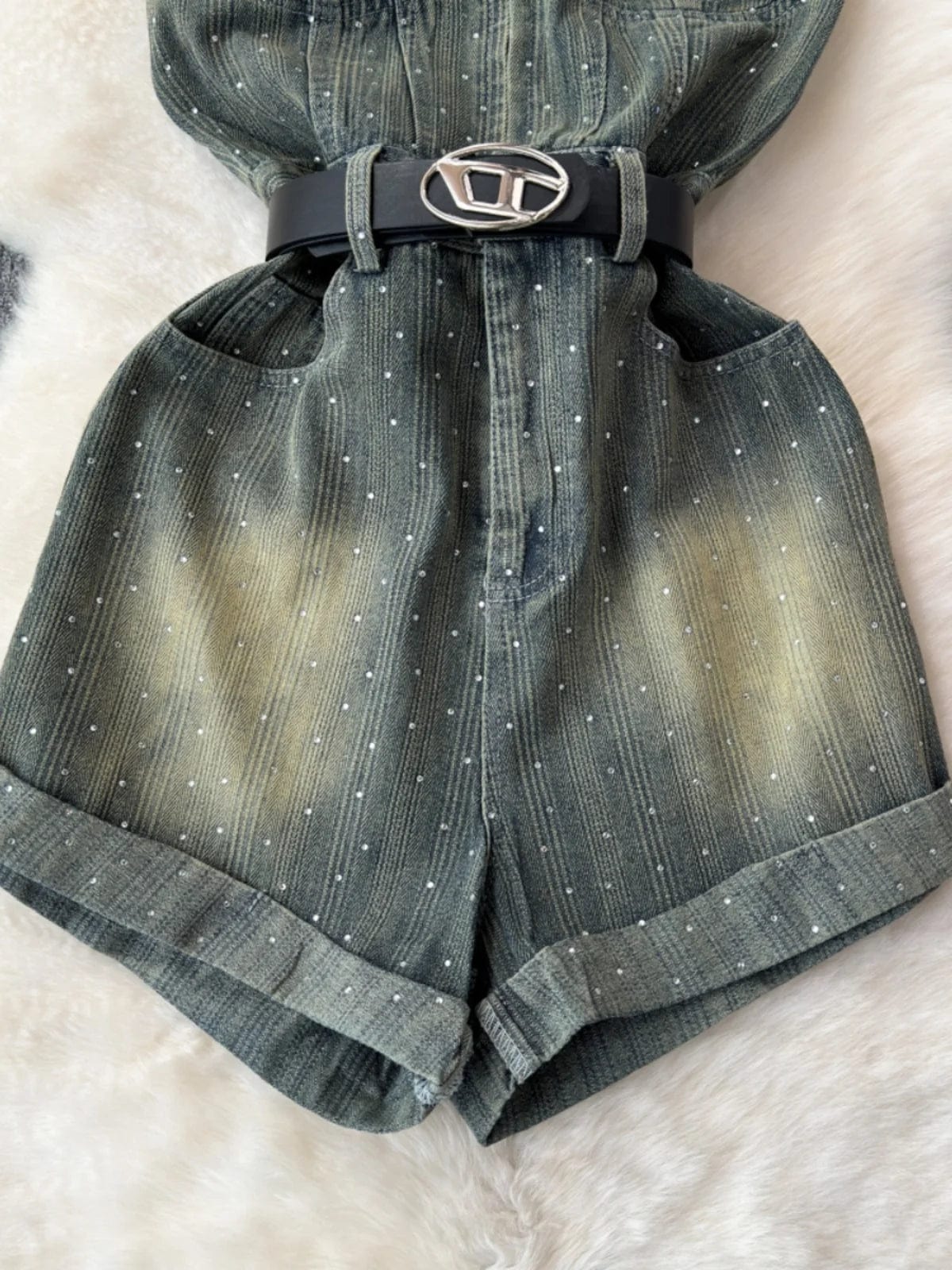 Retro Spicy Girl Fashion Versatile Zipper Top High Waist Slim denim jumpsuit Wide Leg Shorts with Belt for Women Bodysuit