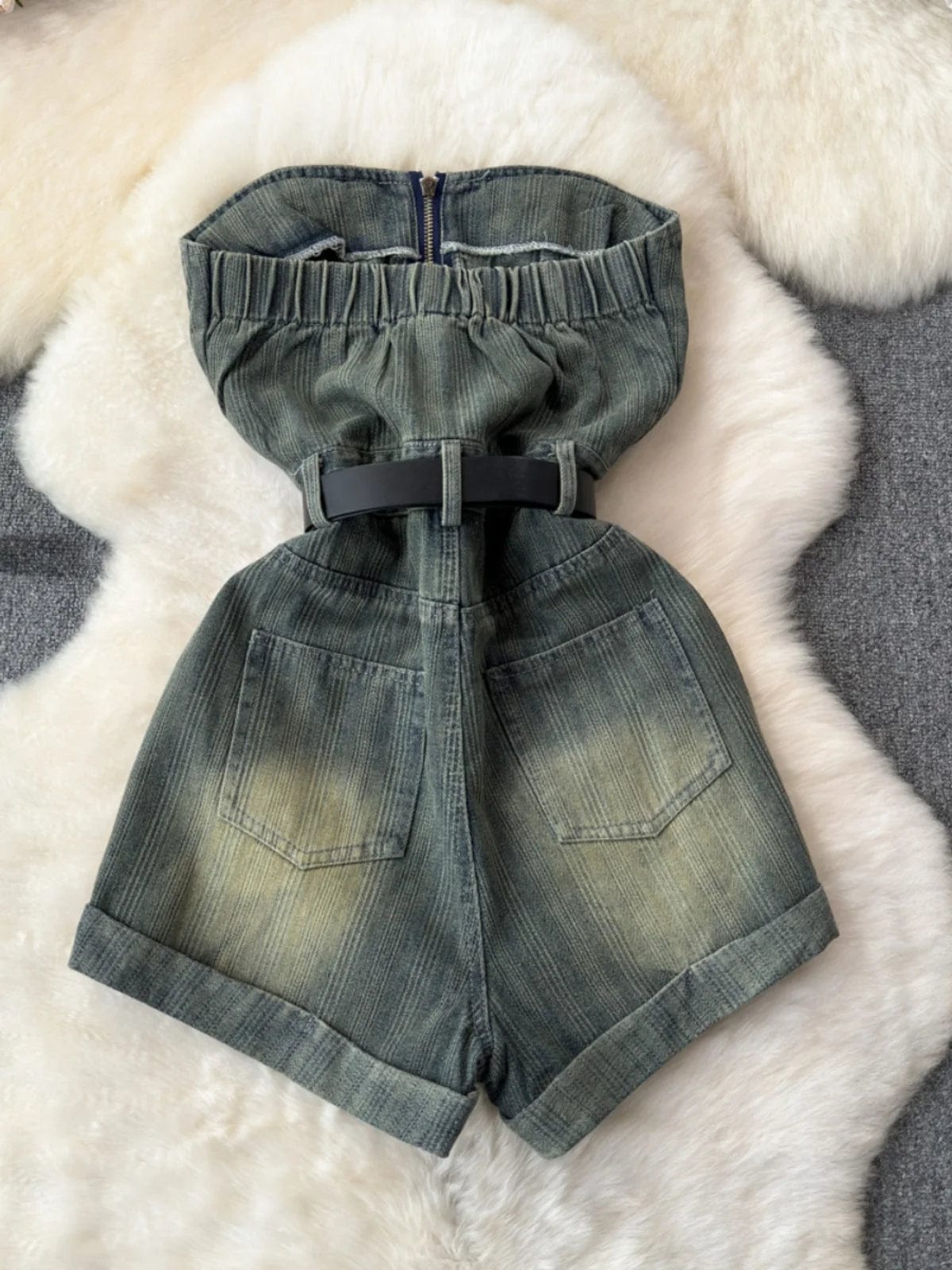 Retro Spicy Girl Fashion Versatile Zipper Top High Waist Slim denim jumpsuit Wide Leg Shorts with Belt for Women Bodysuit