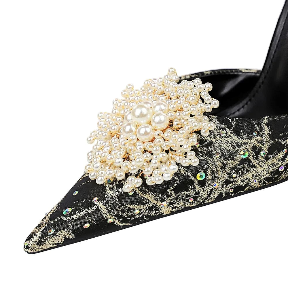 Retro Women Shoes Silk Satin Rhinestone Pearls Floral Buckle Shoes Pointed-toe Wrap-toe High Heel Sandals Ladies Banquet Sandals