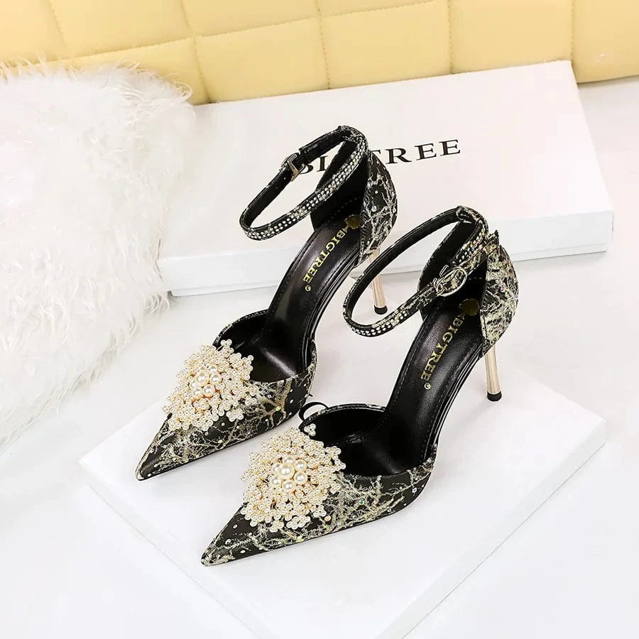 Retro Women Shoes Silk Satin Rhinestone Pearls Floral Buckle Shoes Pointed-toe Wrap-toe High Heel Sandals Ladies Banquet Sandals